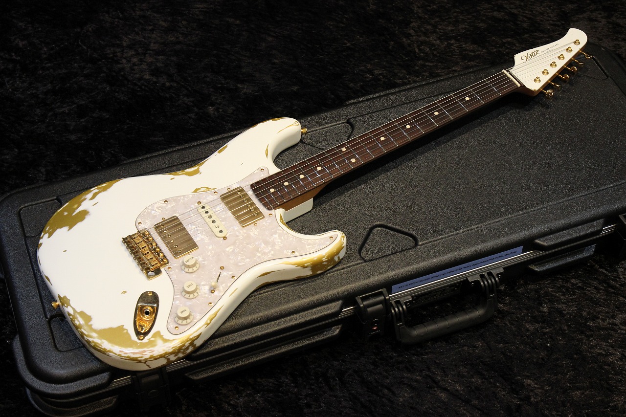Xotic XSC-4 Olympic White Over Aztec Gold Heavy Aged "Reverse Headstock" #3115